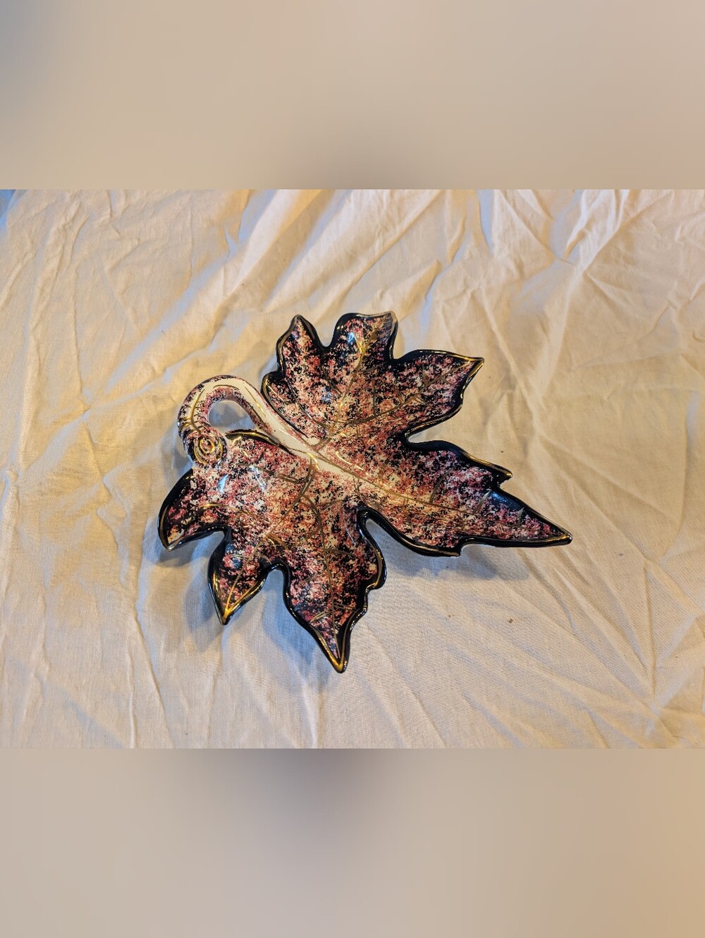 2/60$ Vintage Pink and Black Leaf Accent Dish with Gold Veining